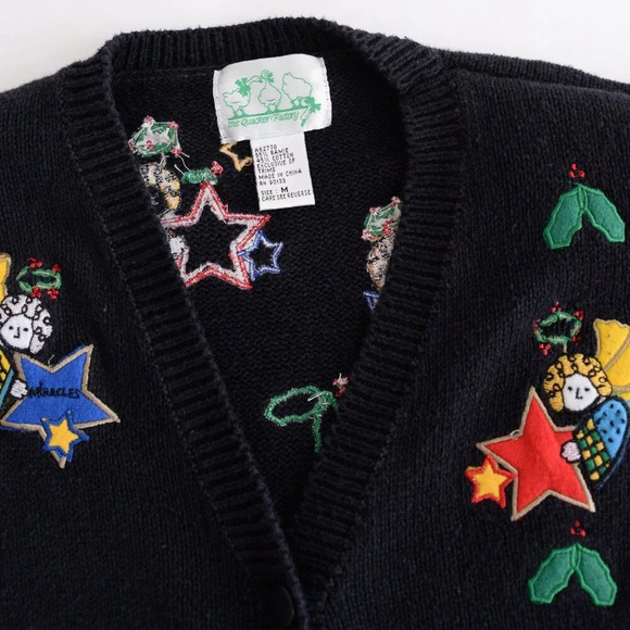 Vintage The Quacker Factory Black Embroidered Angels Cardigan Knit  Sweater M - Picture 11 of 12